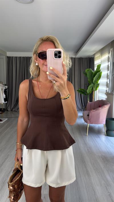 Kalın Askılı Peplum Açık Kahve Dilvin Bluz