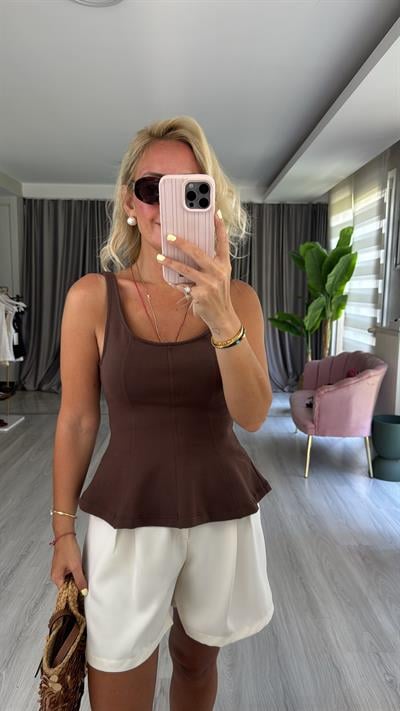 Kalın Askılı Peplum Açık Kahve Dilvin Bluz