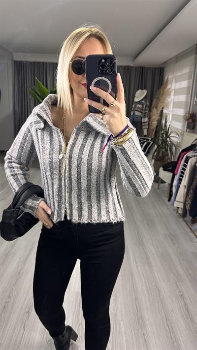 KALIN FİTİLLİ FERMUARLI TRİKO HIRKA / ANTRASİT KREM