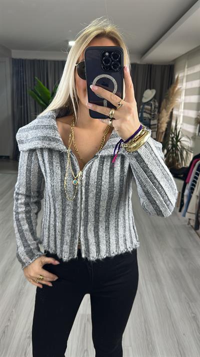 KALIN FİTİLLİ FERMUARLI TRİKO HIRKA / ANTRASİT KREM