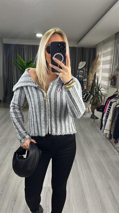 KALIN FİTİLLİ FERMUARLI TRİKO HIRKA / ANTRASİT KREM