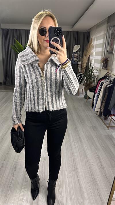 KALIN FİTİLLİ FERMUARLI TRİKO HIRKA / ANTRASİT KREM
