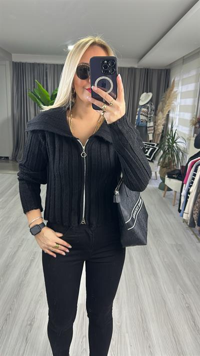 KALIN FİTİLLİ FERMUARLI TRİKO HIRKA  / SİYAH