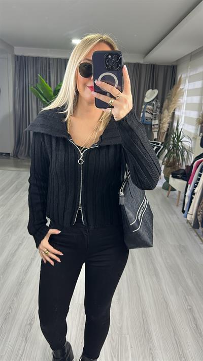 KALIN FİTİLLİ FERMUARLI TRİKO HIRKA  / SİYAH