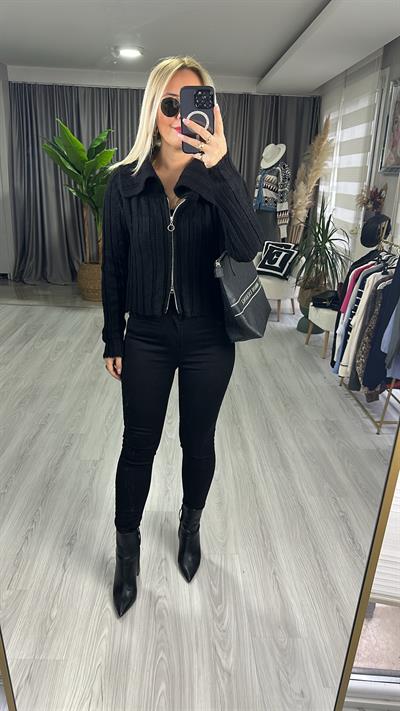 KALIN FİTİLLİ FERMUARLI TRİKO HIRKA  / SİYAH