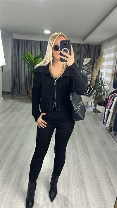 KALIN FİTİLLİ FERMUARLI TRİKO HIRKA  / SİYAH