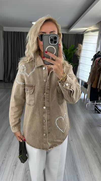 Kalpli İnci Ve Taş İşlemeli Bej Jean Gömlek