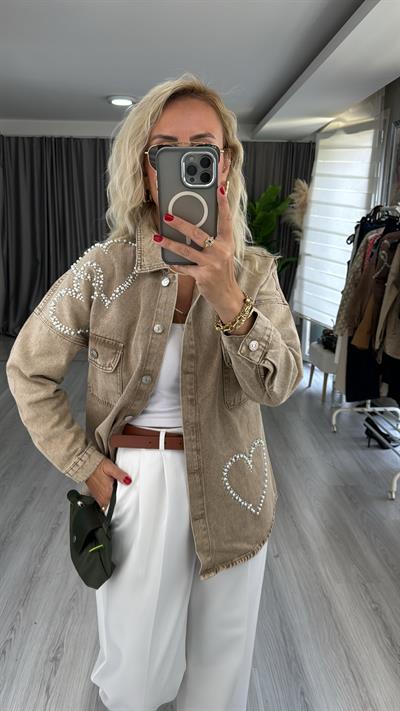 Kalpli İnci Ve Taş İşlemeli Bej Jean Gömlek