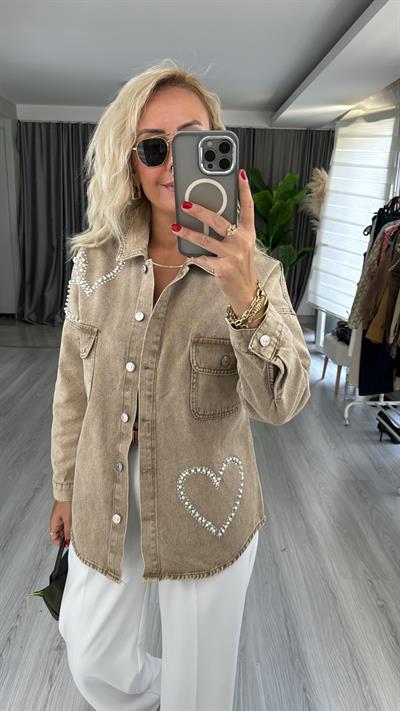 Kalpli İnci Ve Taş İşlemeli Bej Jean Gömlek