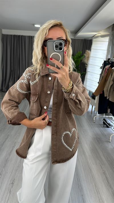 Kalpli İnci Ve Taş İşlemeli Kahverengi Jean Gömlek