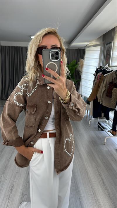 Kalpli İnci Ve Taş İşlemeli Kahverengi Jean Gömlek