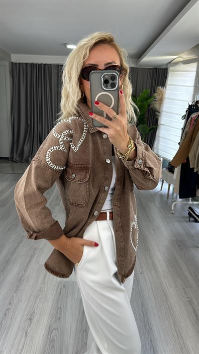 Kalpli İnci Ve Taş İşlemeli Kahverengi Jean Gömlek