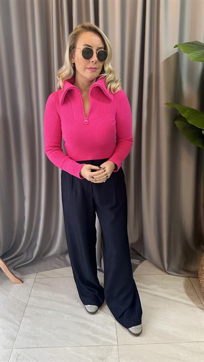 KAMYONER YAKA FİTİLLİ FUŞYA TRİKO KAZAK