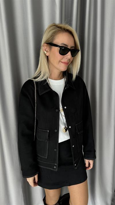 Kapak Cepli Çıtçıt Düğmeli Siyah Süet Ceket