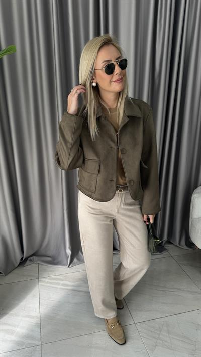 Kapak Cepli Haki Süet Ceket