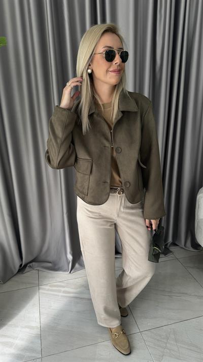 Kapak Cepli Haki Süet Ceket