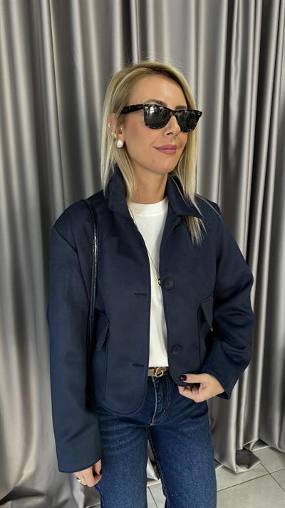 Kapak Cepli Lacivert Süet Ceket