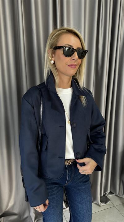 Kapak Cepli Lacivert Süet Ceket