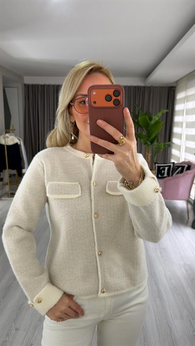 Kapak Cepli Sakallı Ekru Premium Triko Ceket