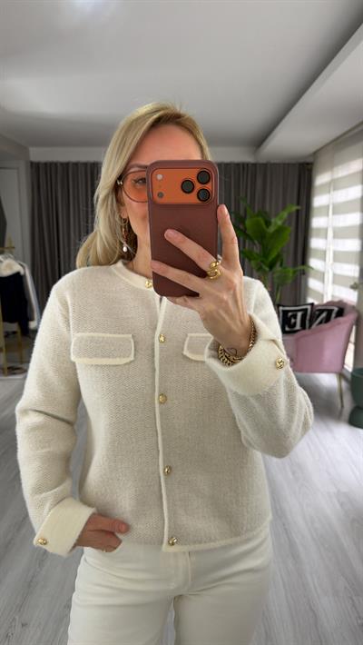 Kapak Cepli Sakallı Ekru Premium Triko Ceket