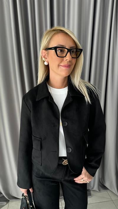 Kapak Cepli Siyah Süet Ceket