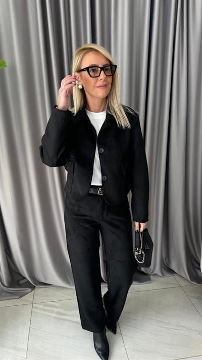 Kapak Cepli Siyah Süet Ceket