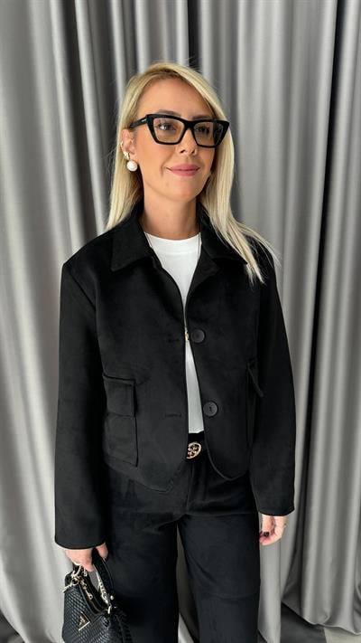 Kapak Cepli Siyah Süet Ceket