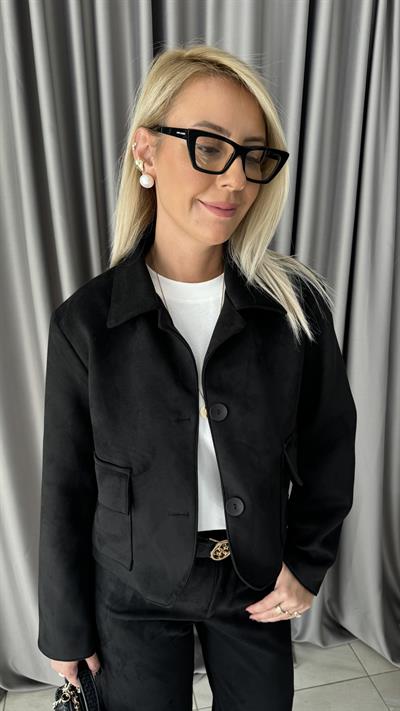 Kapak Cepli Siyah Süet Ceket