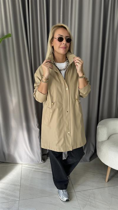Kapüşonlu Beli Ayarlamalı Bej Trençkot