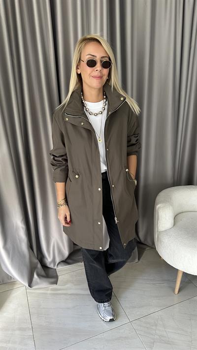 Kapüşonlu Beli Ayarlamalı Haki Trençkot