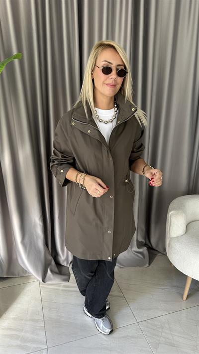 Kapüşonlu Beli Ayarlamalı Haki Trençkot