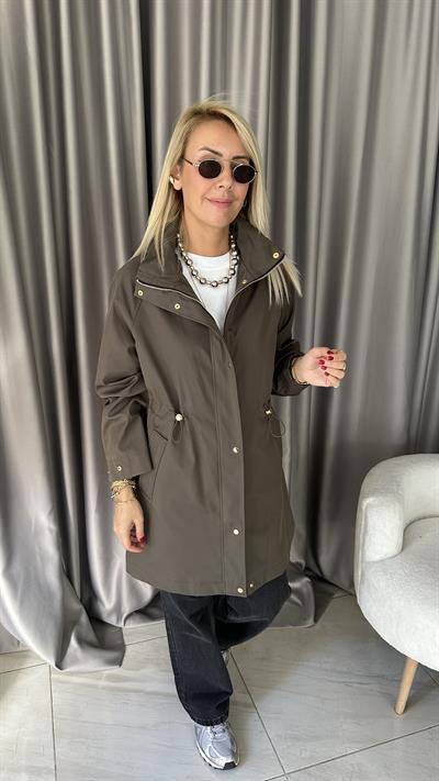Kapüşonlu Beli Ayarlamalı Haki Trençkot