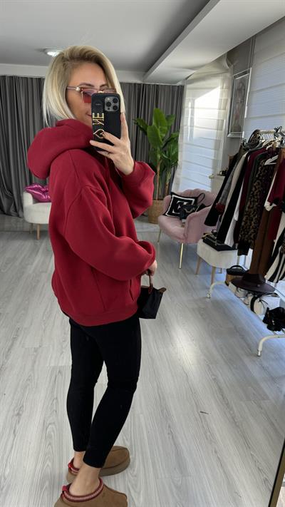 Kapişonlu Fermuarlı Üç İplik Bordo Sweatshirt