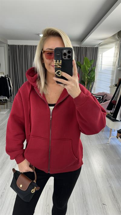 Kapişonlu Fermuarlı Üç İplik Bordo Sweatshirt