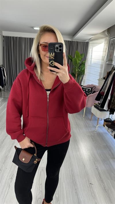 Kapişonlu Fermuarlı Üç İplik Bordo Sweatshirt