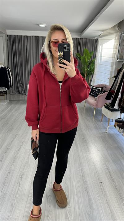 Kapişonlu Fermuarlı Üç İplik Bordo Sweatshirt