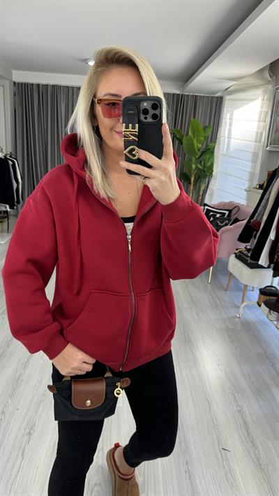 Kapişonlu Fermuarlı Üç İplik Bordo Sweatshirt