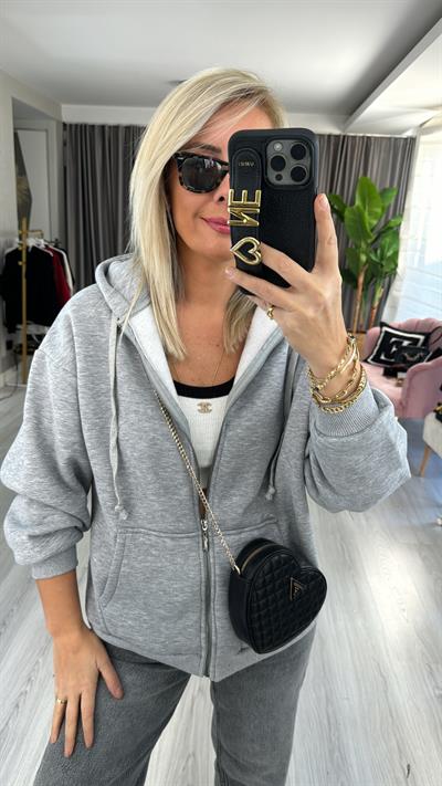 Kapişonlu Fermuarlı Üç İplik Gri Sweatshirt