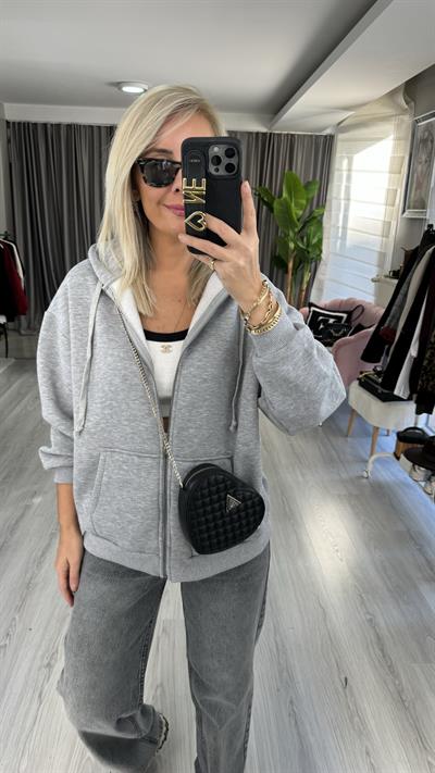 Kapişonlu Fermuarlı Üç İplik Gri Sweatshirt