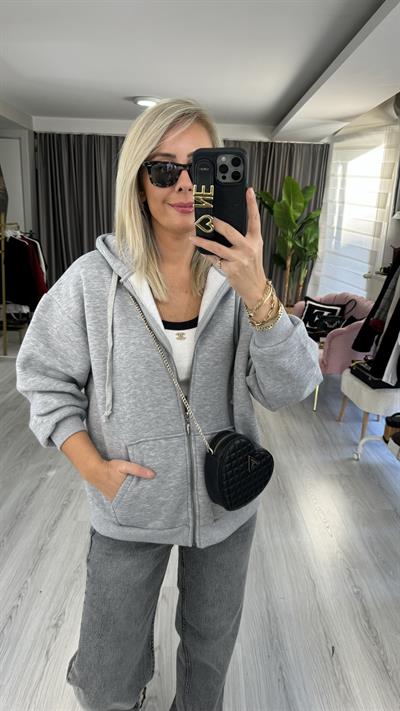 Kapişonlu Fermuarlı Üç İplik Gri Sweatshirt