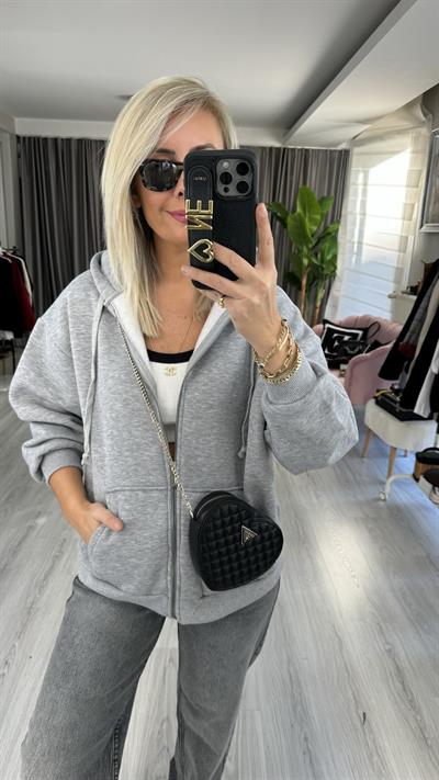 Kapişonlu Fermuarlı Üç İplik Gri Sweatshirt