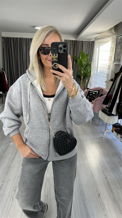 Kapişonlu Fermuarlı Üç İplik Gri Sweatshirt