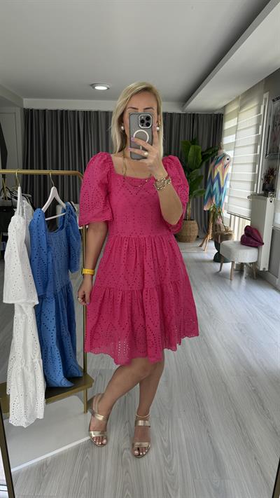 KARE YAKA FİSTOLU PEMBE ELBİSE