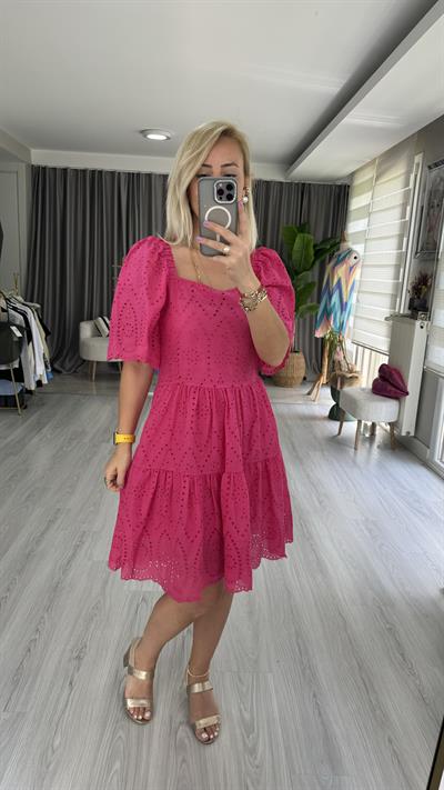 KARE YAKA FİSTOLU PEMBE ELBİSE