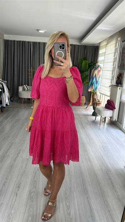 KARE YAKA FİSTOLU PEMBE ELBİSE