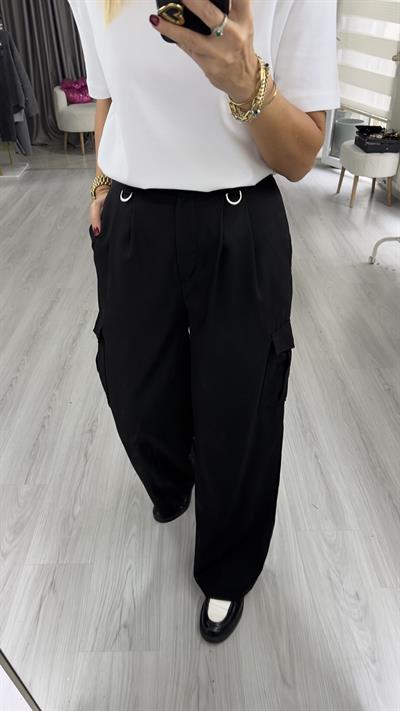 Kargo Cepli, Krep Kumaş Siyah Pantolon