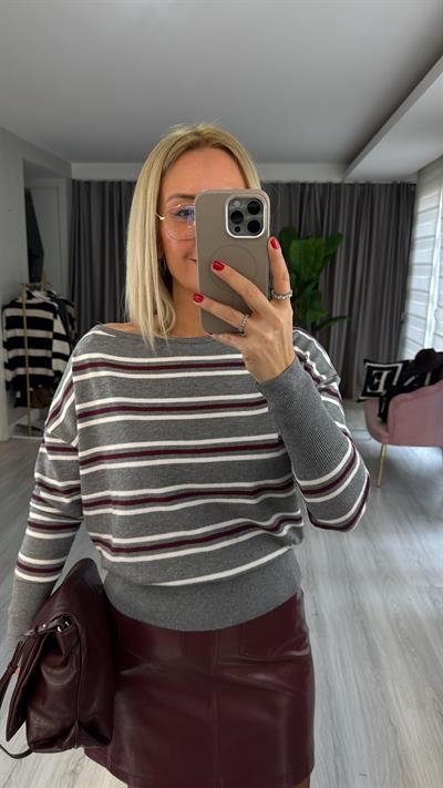 Kayık Yaka Bordo Çizgili Gri Triko