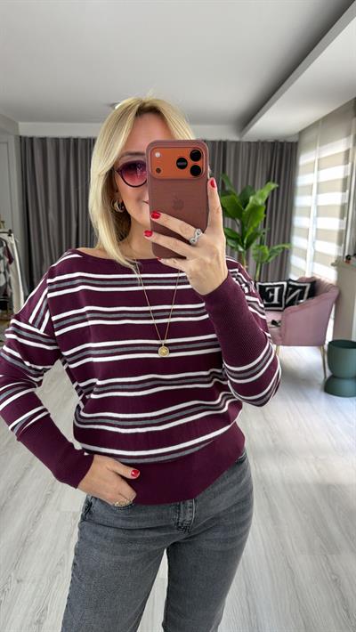 Kayık Yaka Gri Çizgili Bordo Triko