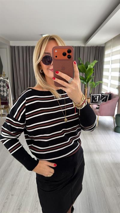 Kayık Yaka Kahve Çizgili Siyah Triko