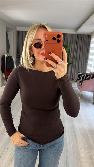 Kayık Yaka Kaşmirli  Acı Kahve Ultra Hafif Triko